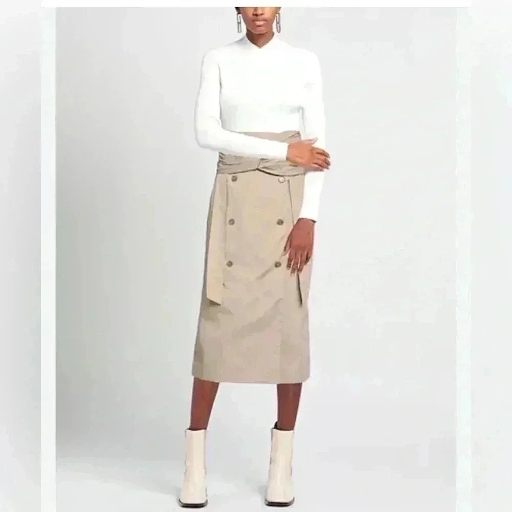 Rokh Midi Skirt 38 4 S Brown Beige Tan Twist Front Button Embellished Cotton - Picture 6 of 16